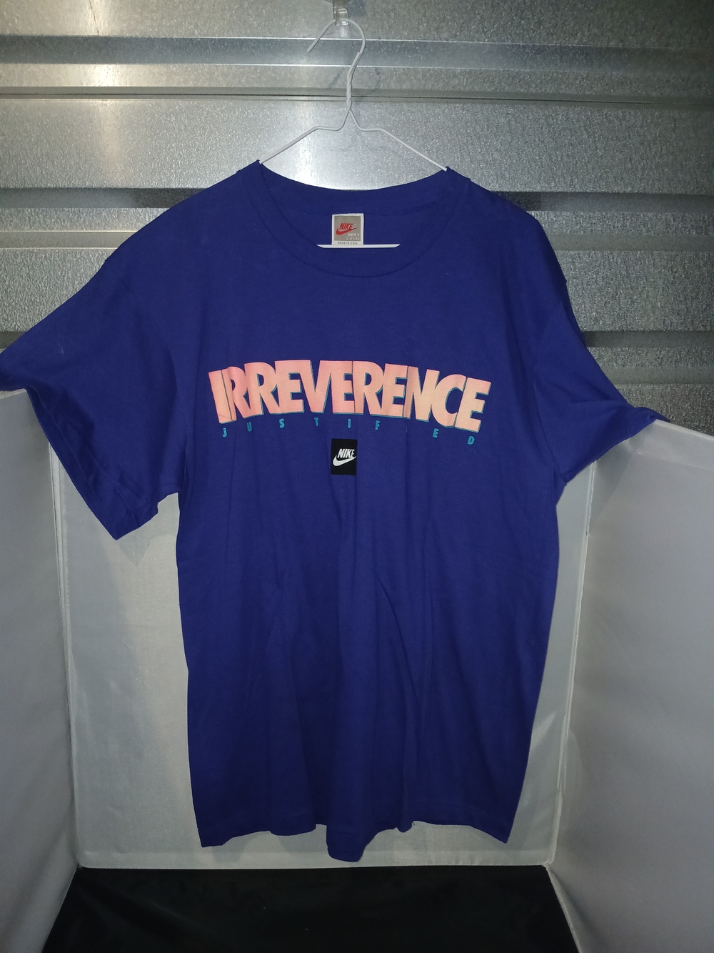 Vintage 80s 90s Nike Red Tag Irreverence Justified Shirt Blue Single Stitch USA